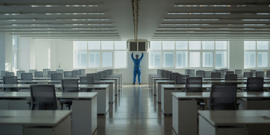 wide angle shot of a man repairing an air conditoning unit in a Chelmsford office