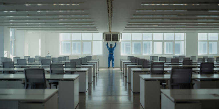 wide angle shot of a man repairing an air conditoning unit in a Chelmsford office