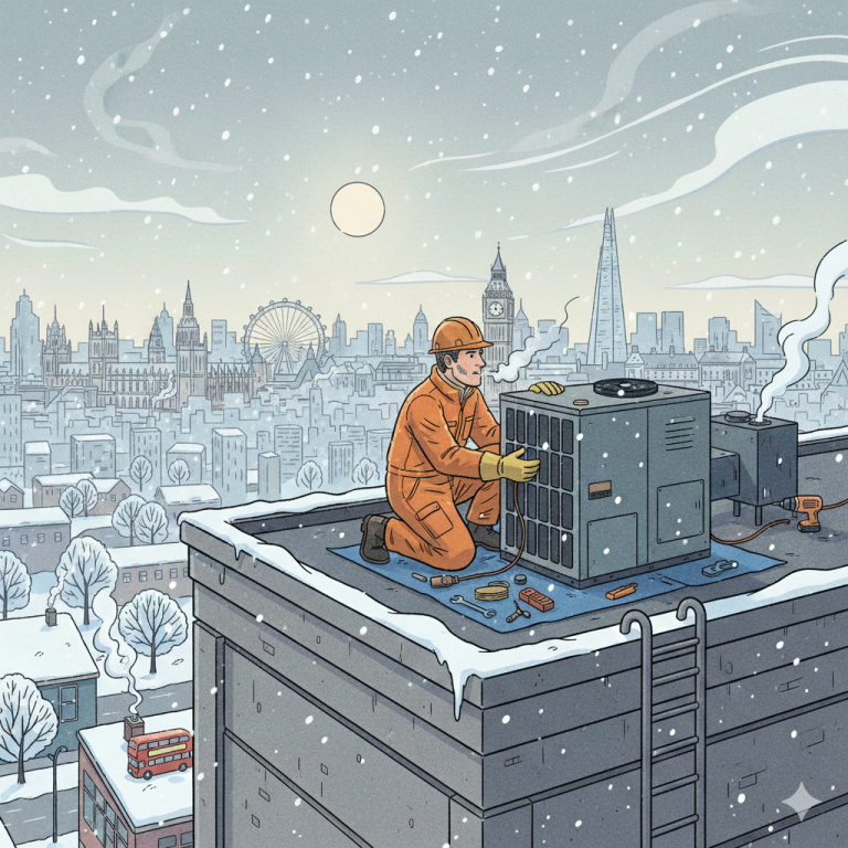 A landscape illustration shows a man in an orange jumpsuit and hard hat installing a large HVAC unit on a snowy commercial building rooftop. The city skyline in the background is obscured by heavy snowfall, suggesting a cold winter day in London